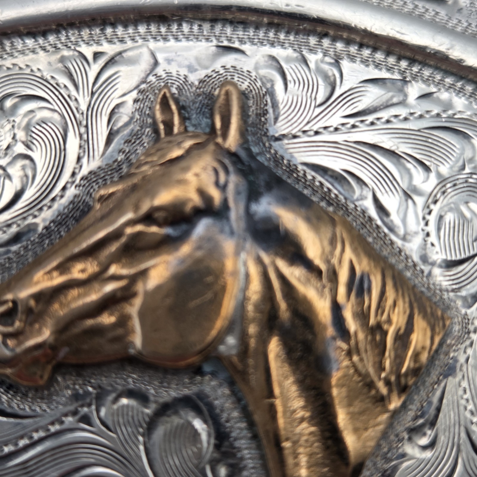 Men&rsquo;s Western Large Ornate Silver Overlay Belt Buckle With Copper Horse