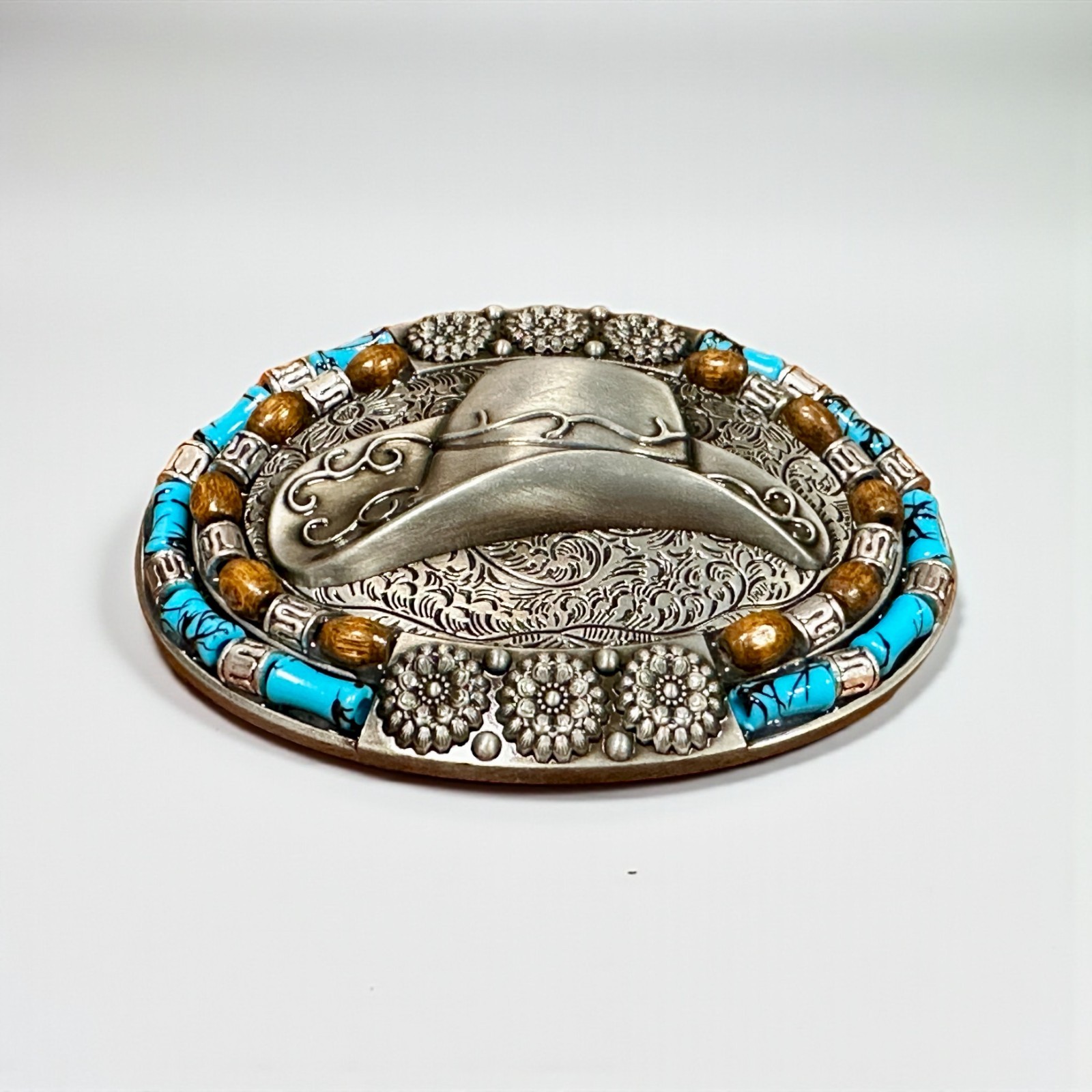 Western Fashion Belt Buckle Men Antique Silver Metal Cowboy Hat Turquoise