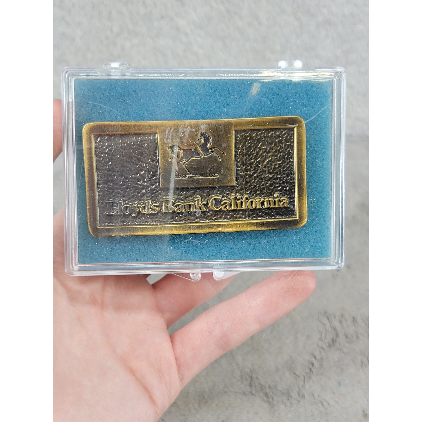 Vintage Lloyds Bank California Brass Belt Buckle Black Horse Logo with Case