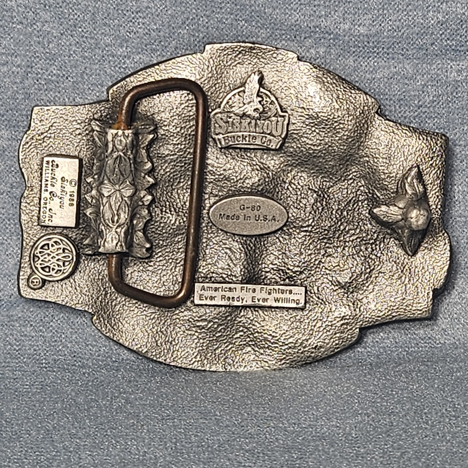 American Firefighters Belt Buckle Firetruck Horse Enameled Siskiyou 1988 Pewter
