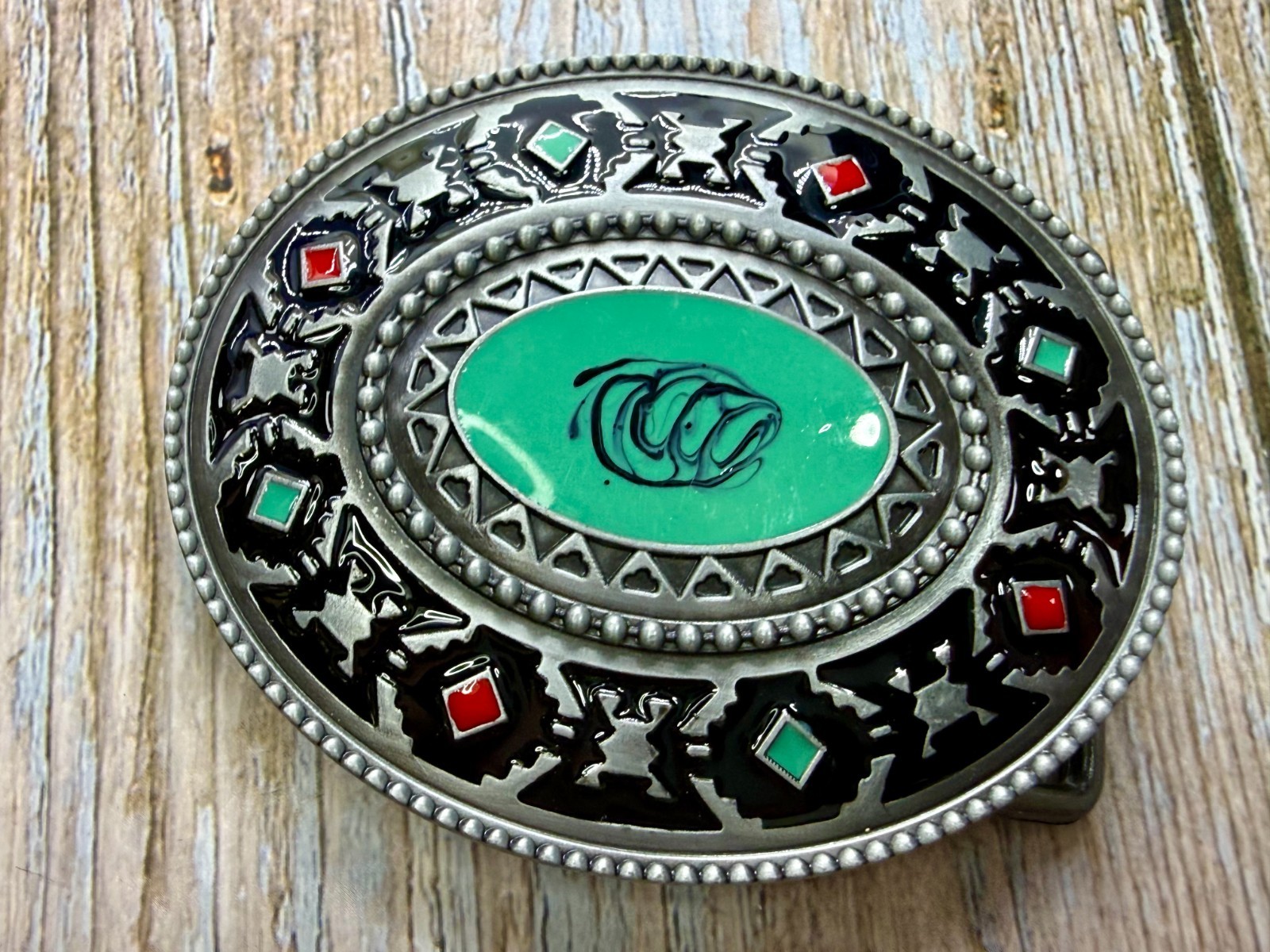 Southwestern Tribal Pattern Blue Red Enamel Colored Belt Buckle in New Condition