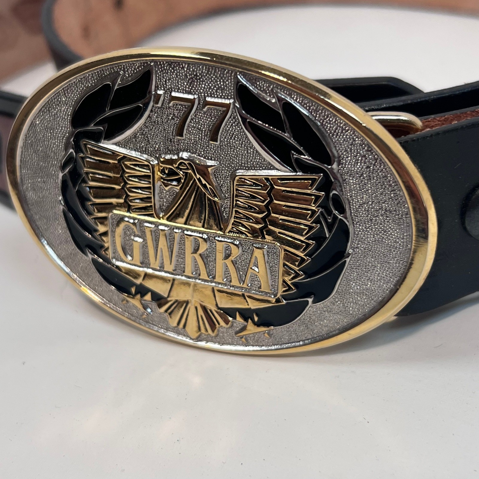 GWRRA 77 Eagle Biker Belt Buckle w/ Gold Wing Embossed Leather Belt USA Made