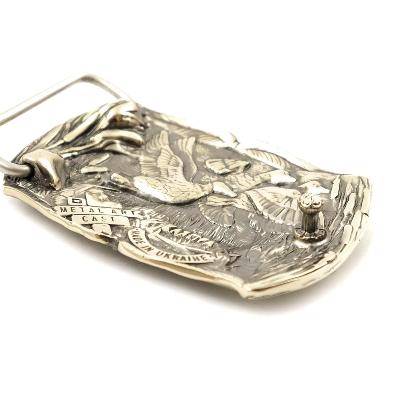 German silver belt buckle « Duck hunting », Trophy belt buckle, Hunter belt buckle