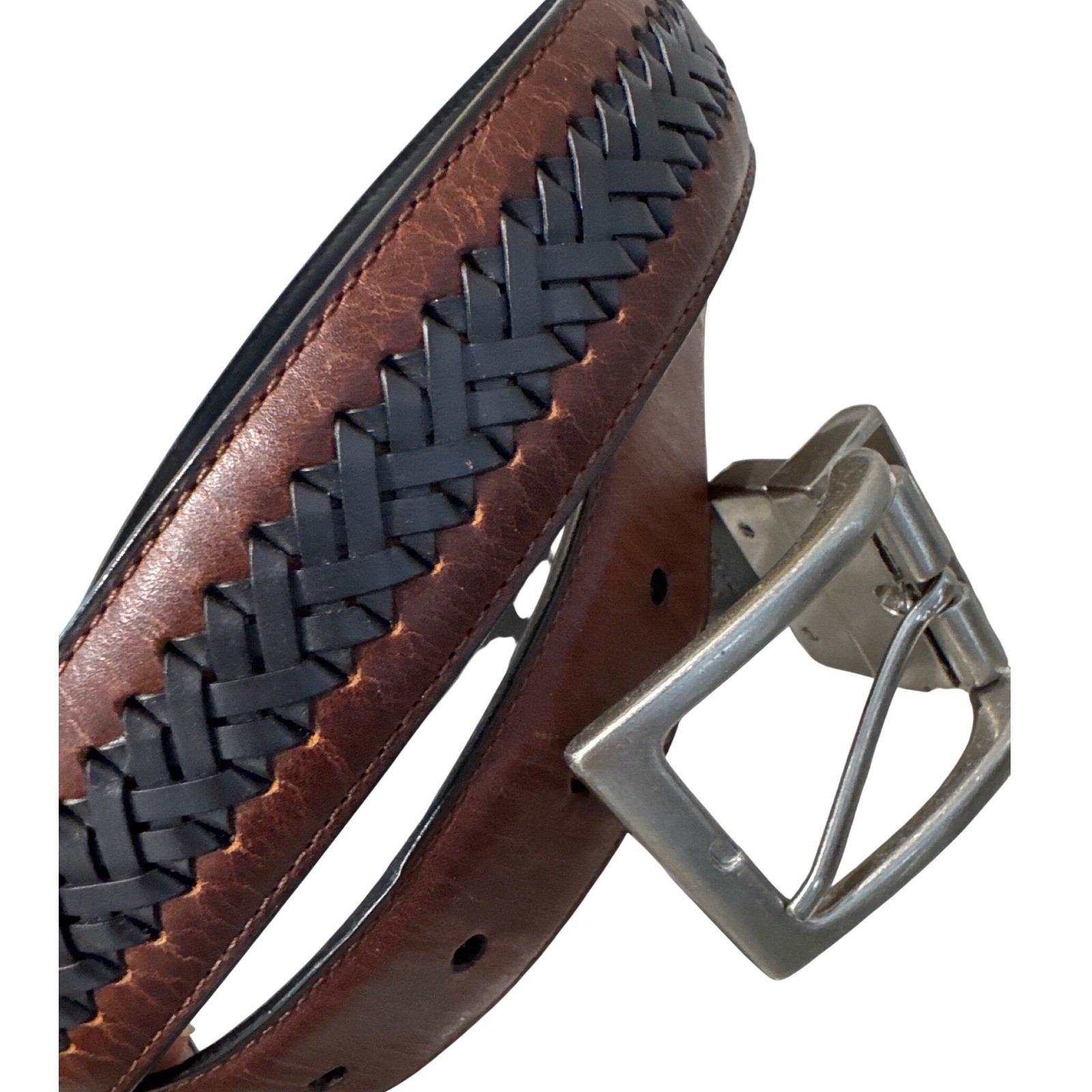 Columbia Men&rsquo;s Reversible Leather Belt Black Woven Center Braid Inlay sz 36