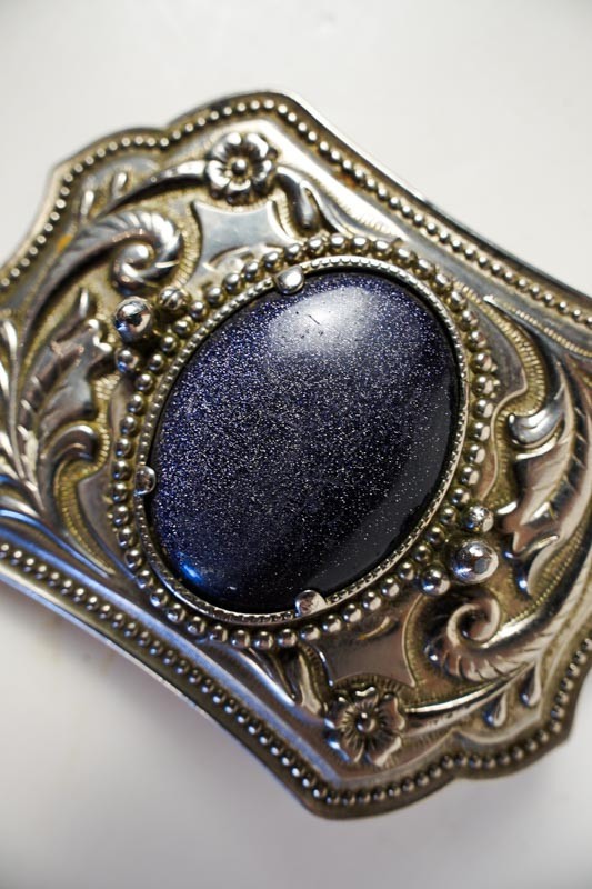 Vintage Western Floral Embossed Metallic Blue Star Stone Silver Tone Belt Buckle