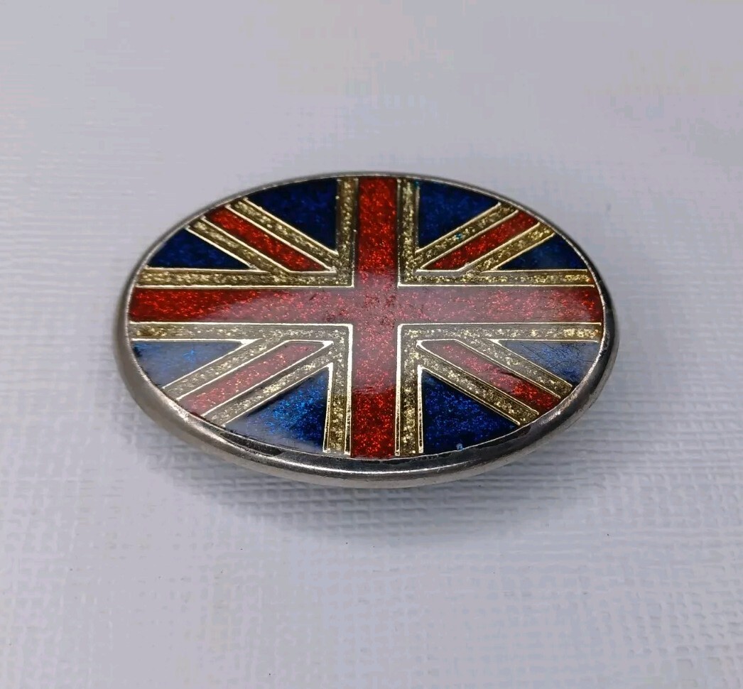 British Flag Belt Buckle Union Jack Glitter Enamel On Silver Tone Metal