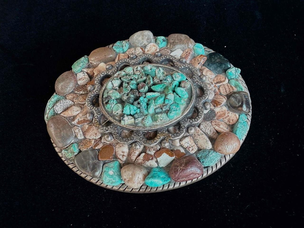 Chunky Turquoise & Stone Belt Buckle Twisted Rope Edge Marked: E – Made In Spain