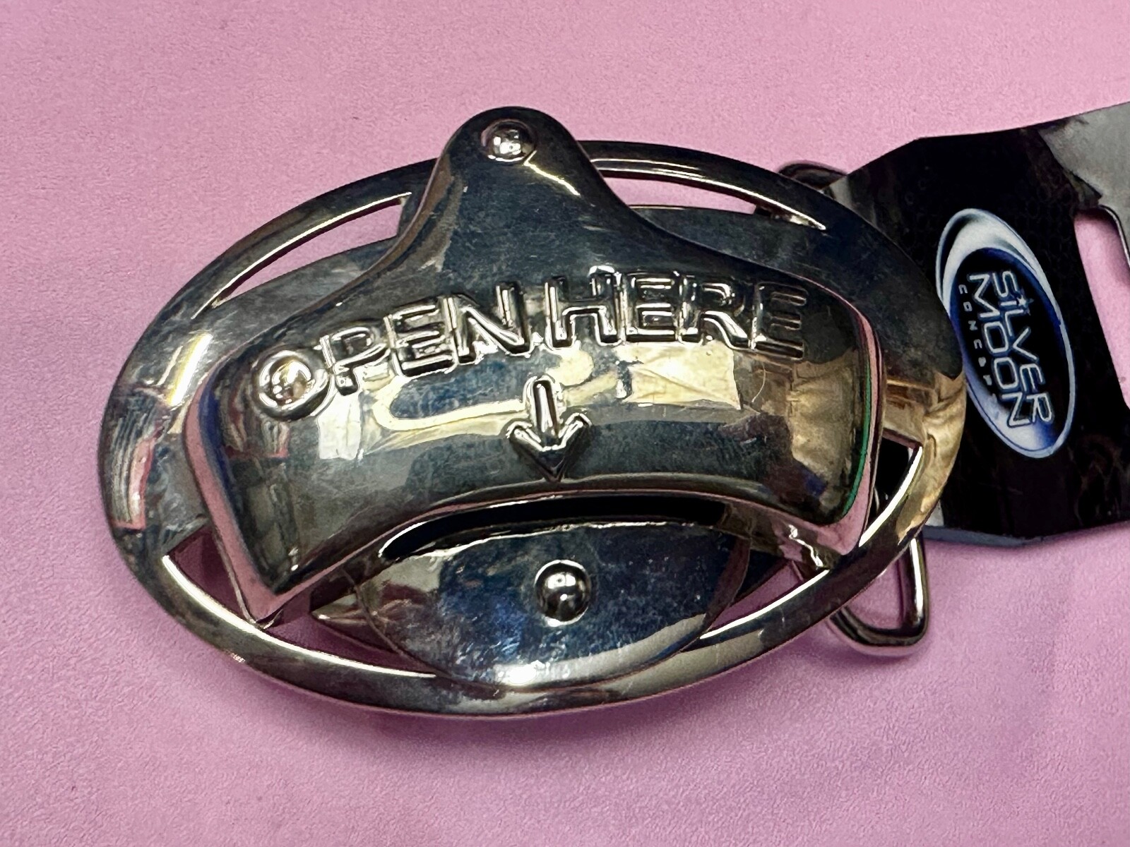 Open Here 2004 NOS Belt Buckle and Bottle Opener by Silver Moon Concepts