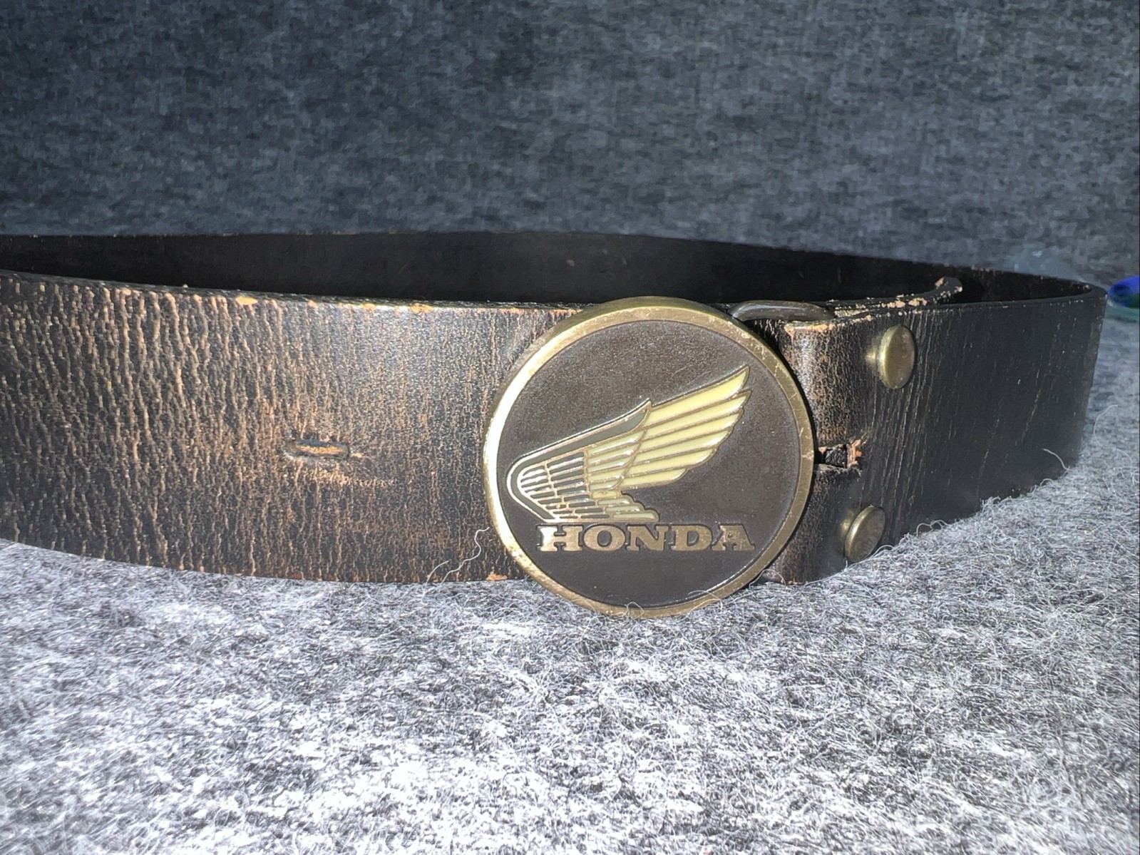 vtg 1983 Honda Motorcycle Brass Belt Buckle Biker 80s Round with belt 36 leather