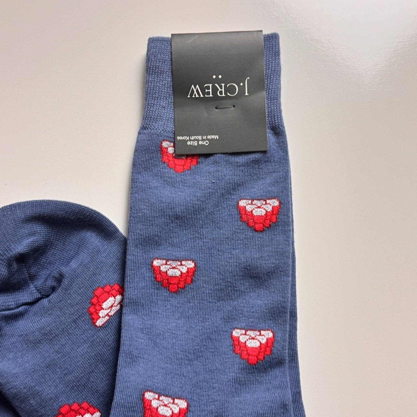 J. Crew Blue Socks with Red Cup Graphic Pattern Sz OS NWT