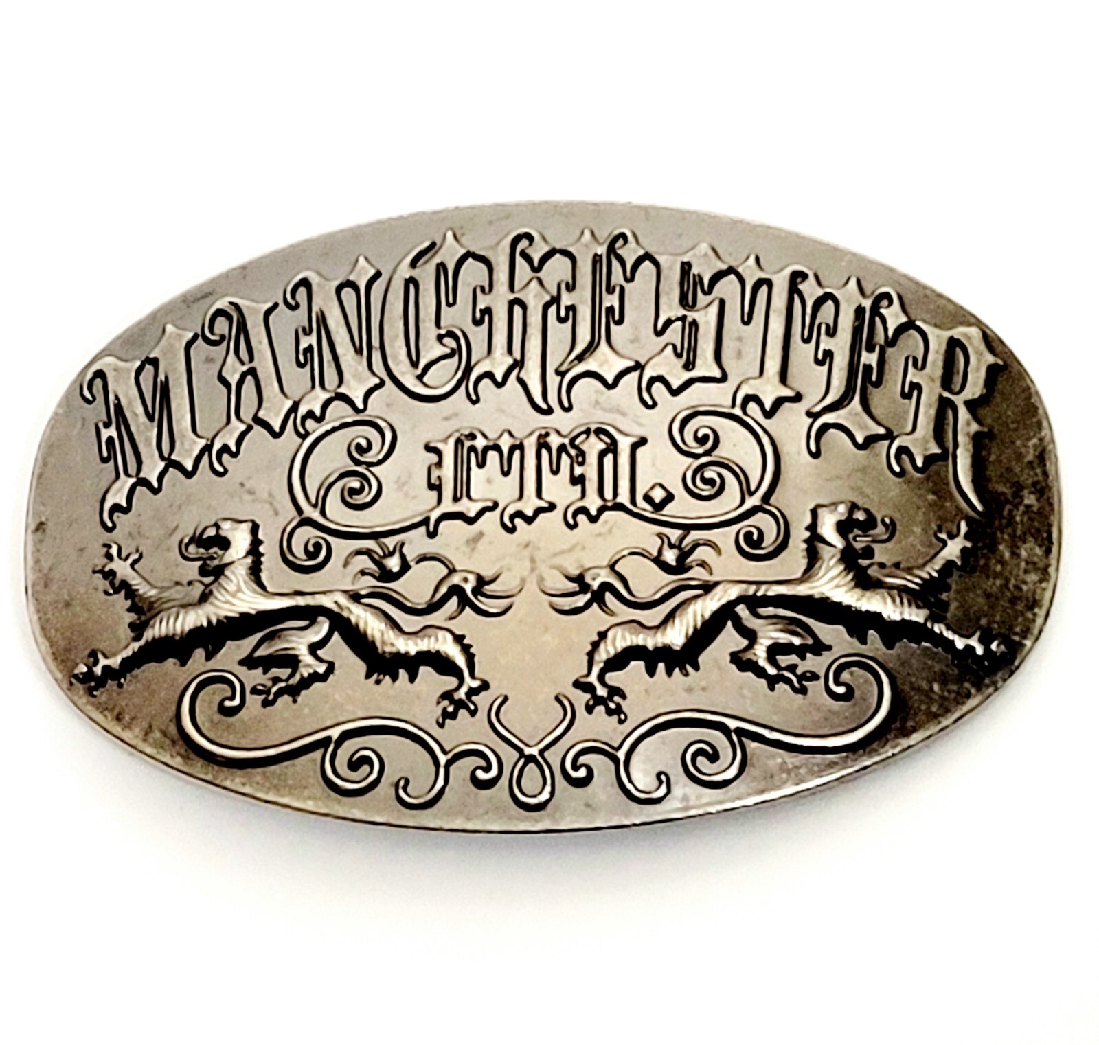 MANCHESTER LTD VTG FORGED BELT BUCKLE Lions Crest & Scroll Design 4&Prime;wide VGC!