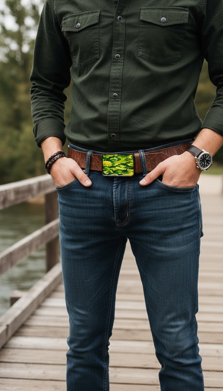 Men Black Metal Fashion Belt Buckle Army Green Camouflage Unique Print War Style