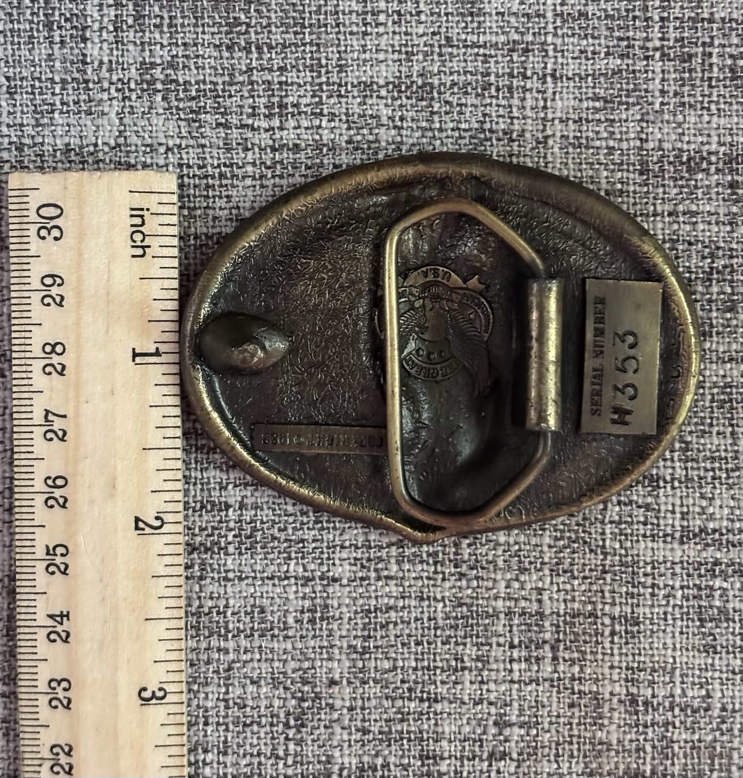Men’s Belt Buckle 1982 Native American Man On Horse Brass Enamel Gold Brown