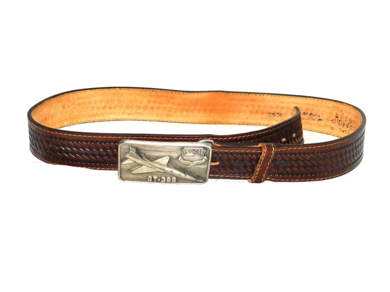 VTG AT-38B Fighter Jet Belt Buckle On Size 38 Brown Woven Leather Belt USAF