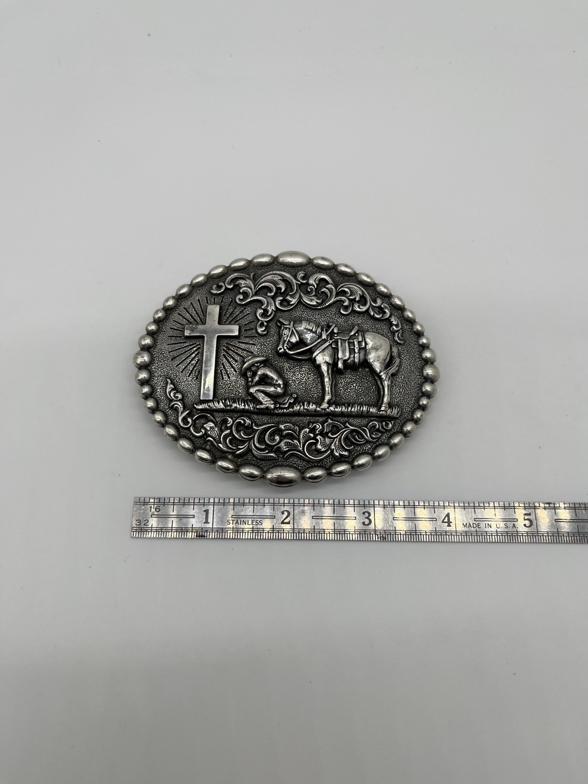 Nocona Western Belt Buckle Cowboy Man at Cross Praying Silver 37374