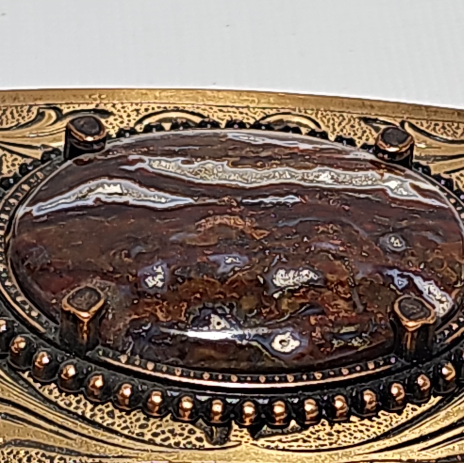 Belt Buckle Brass With Large Crazy Lace Agate Crystal Stone – 3.5 X 2 in.