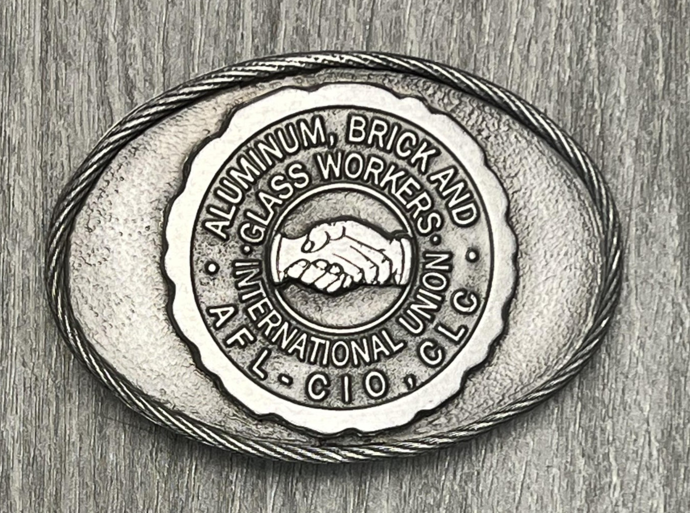 Vintage Aluminum Brick Glass Workers Union Belt Buckle Silver Tone Limited USA
