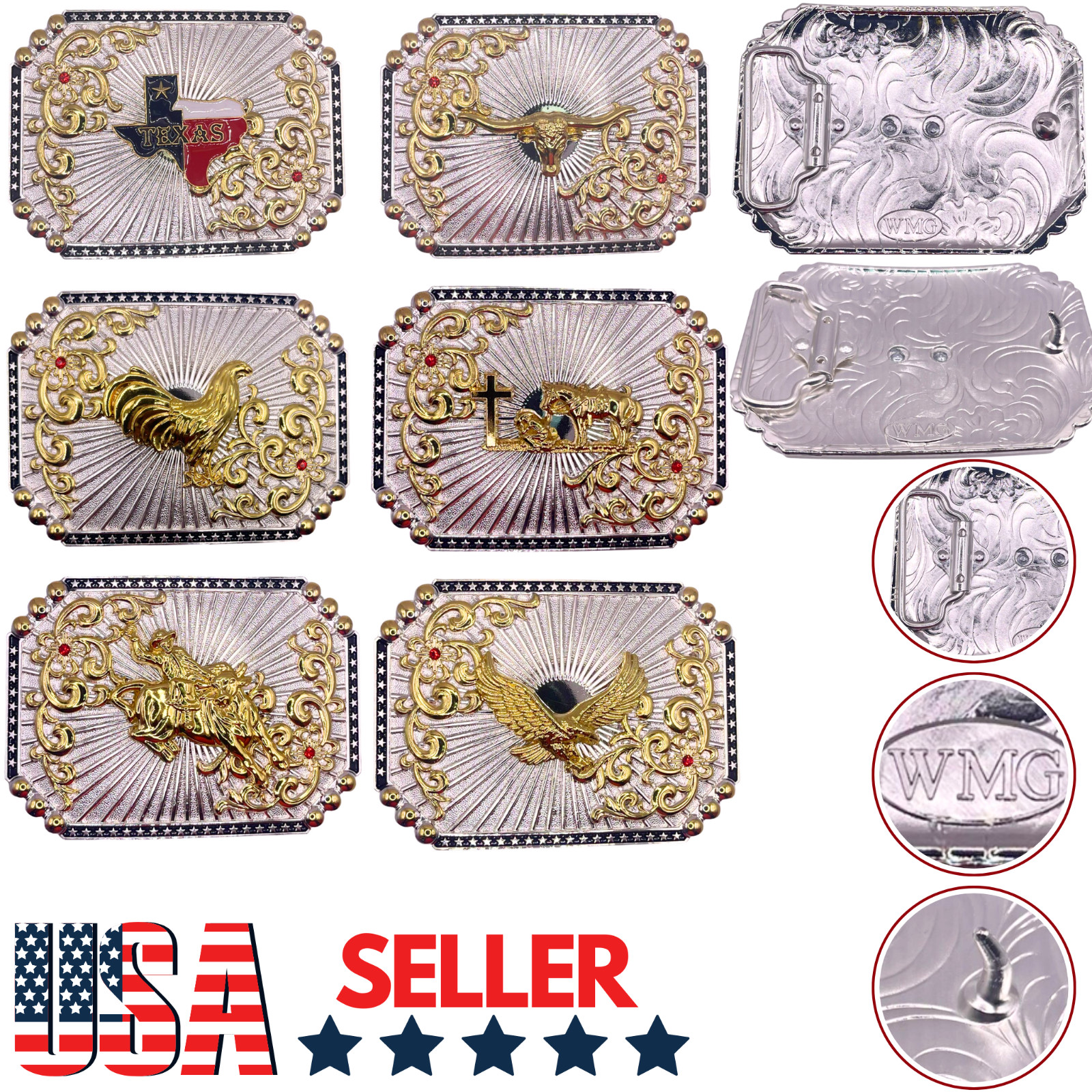 WMG Texas State Belt Buckle Flag Map Cowboy Rodeo Western Fashion Star Gold Tone