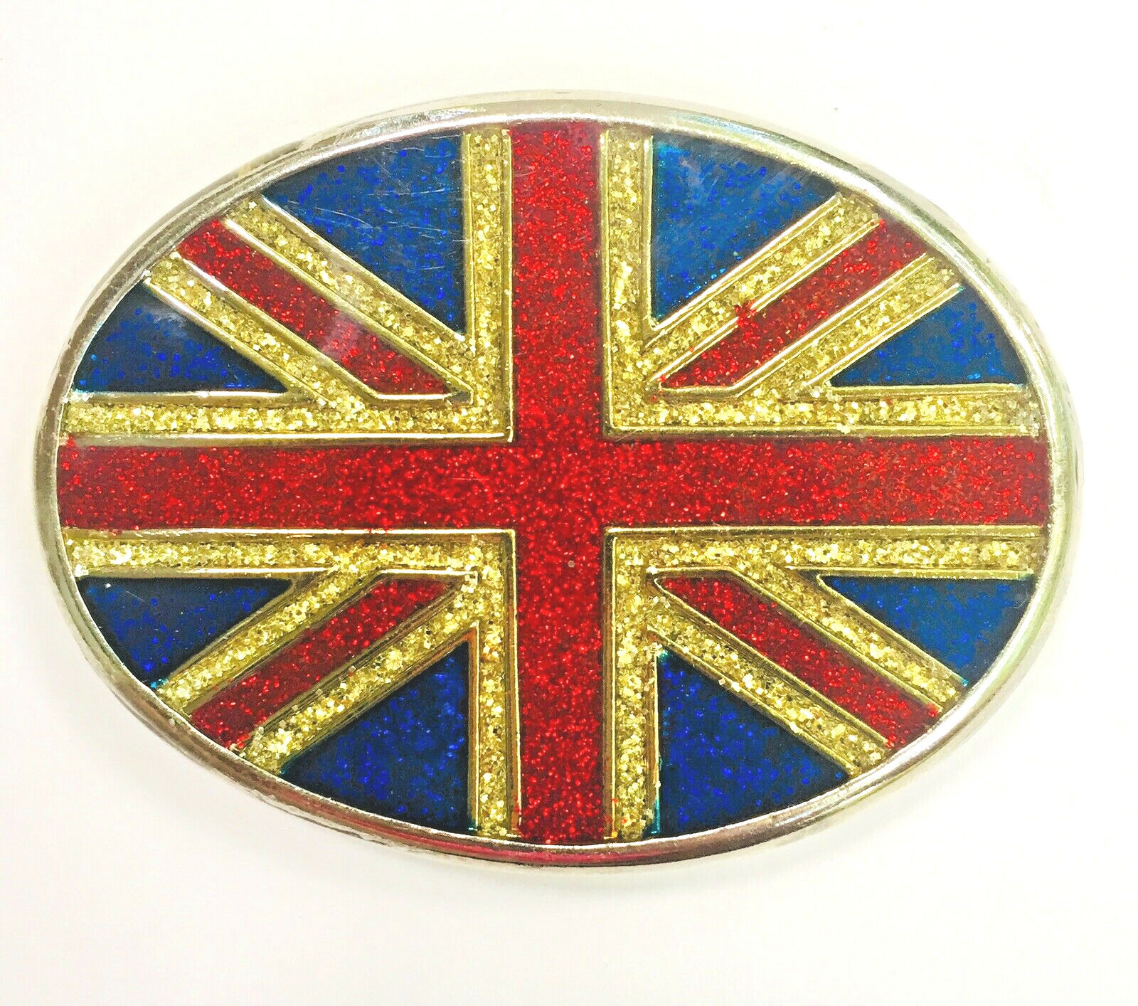 British Flag Belt Buckle Inlaid Sparkle Enamel Red Blue Gold Silver Union Jack
