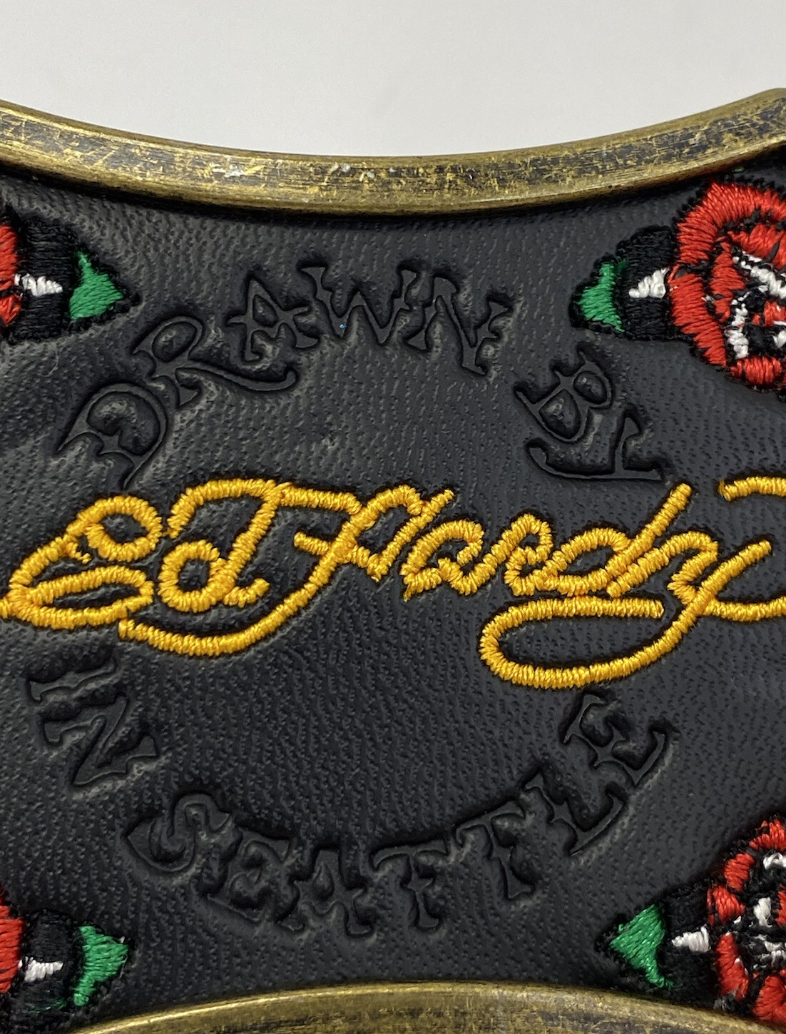 Vintage “Drawn By Ed Hardy In Seattle” Black Leather Belt Buckle w/ Roses –
