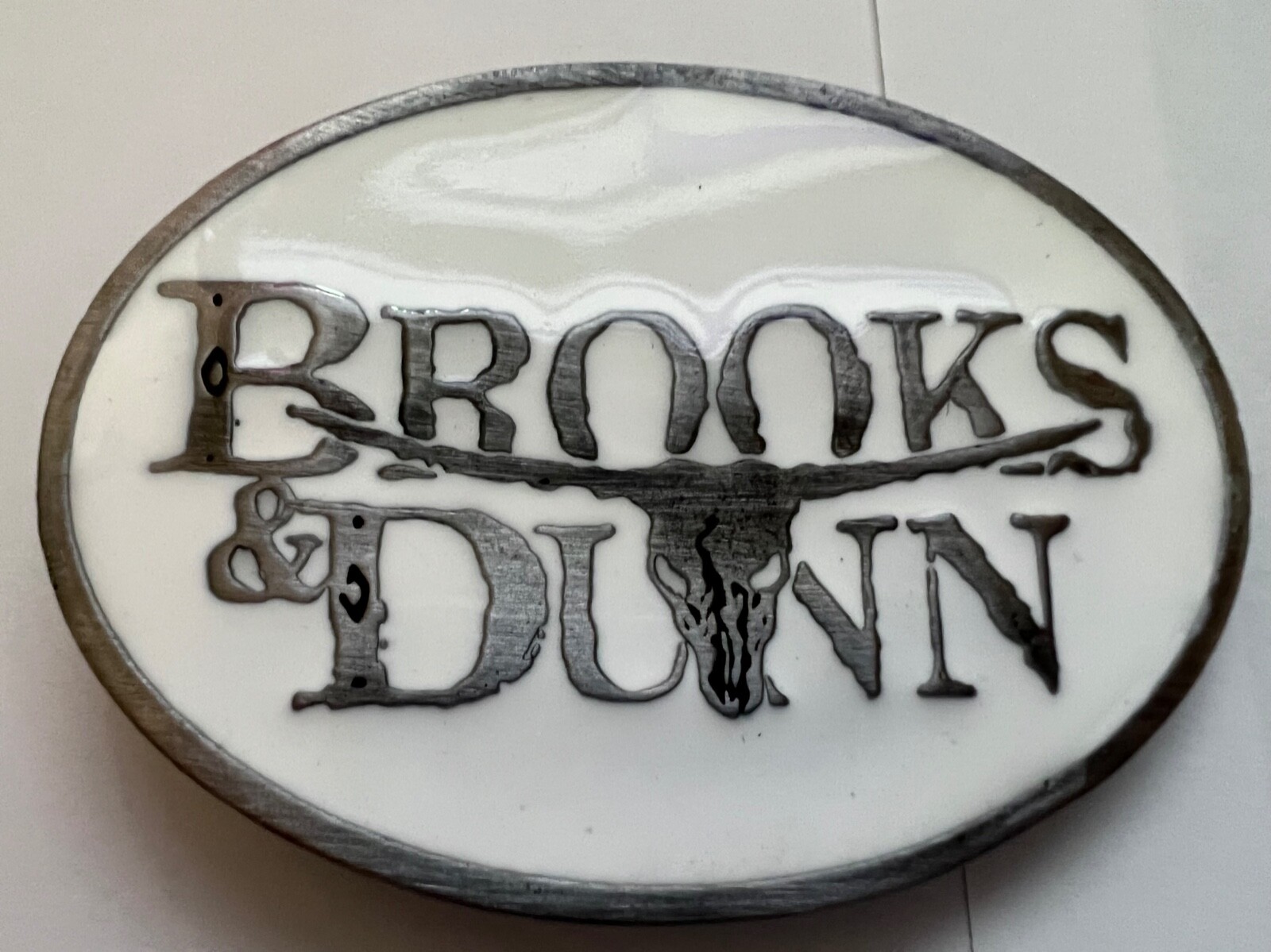 Brooks and Dunn White Enamel Belt Buckle Solid Metal Country Music Pewter