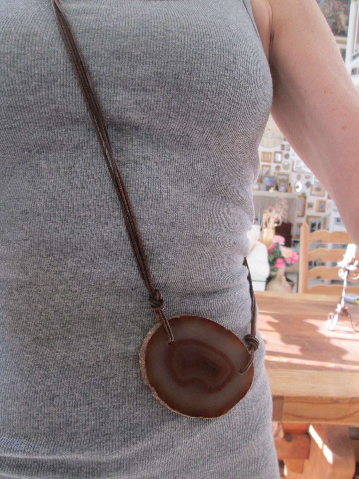Brazilian Agate Slab Brown Geode and Brown Leather Boho Belt (or Necklace)