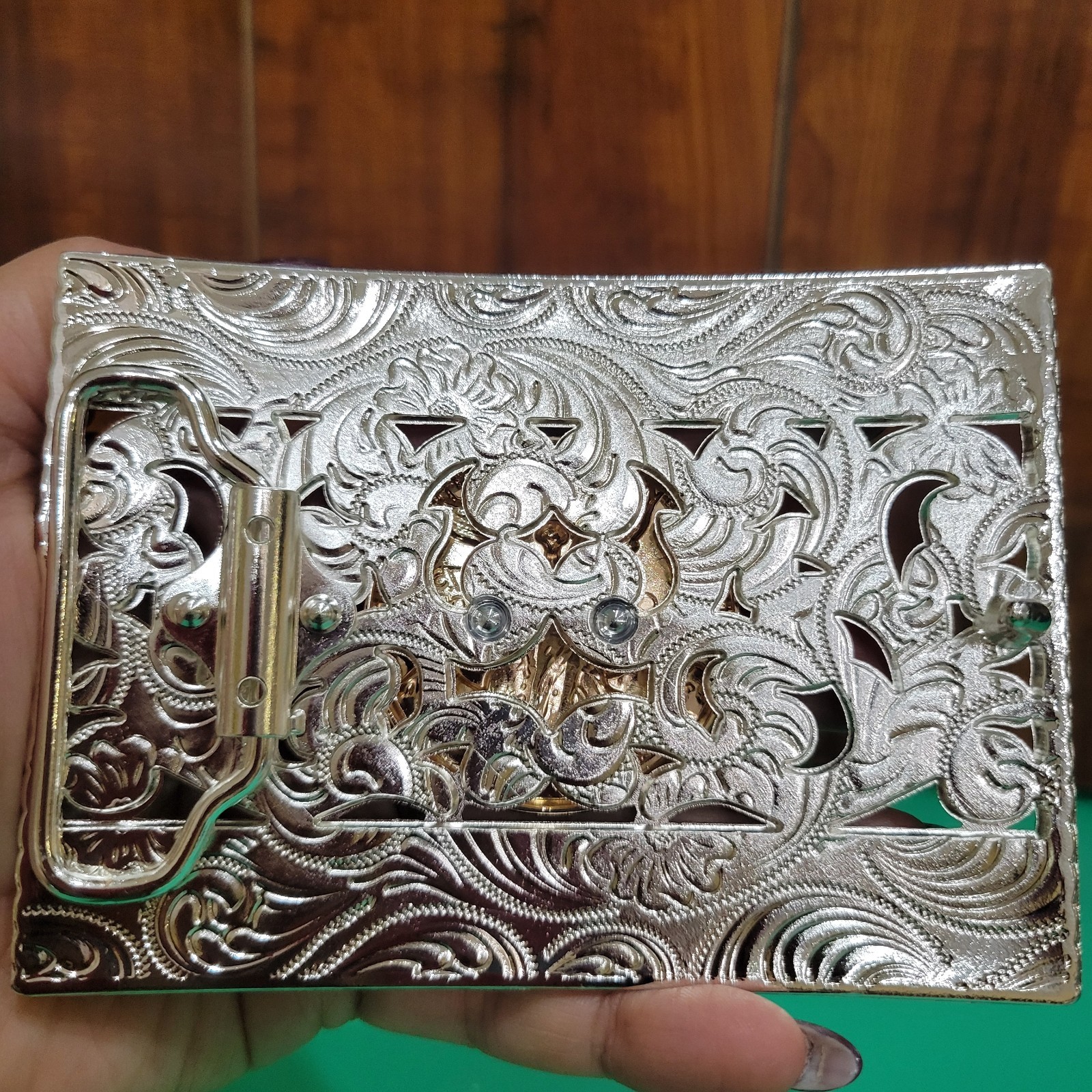 Centenario Cowboy Belt Buckle Western Rodeo Silver & Rose Gold Faux 50 Peso