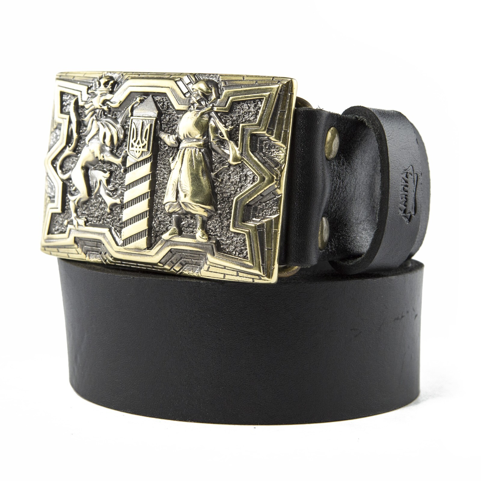 Brass belt buckle Guardians, Military, Cossack and Lion, Ukrainian belt buckle