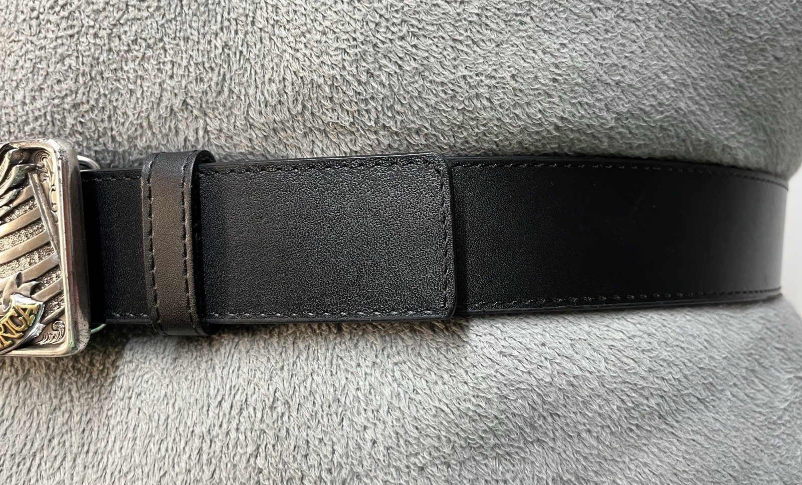 Patriotic Buckle & Black Bonded Leather Belt Sz 44 God Bless America Eagle Flag