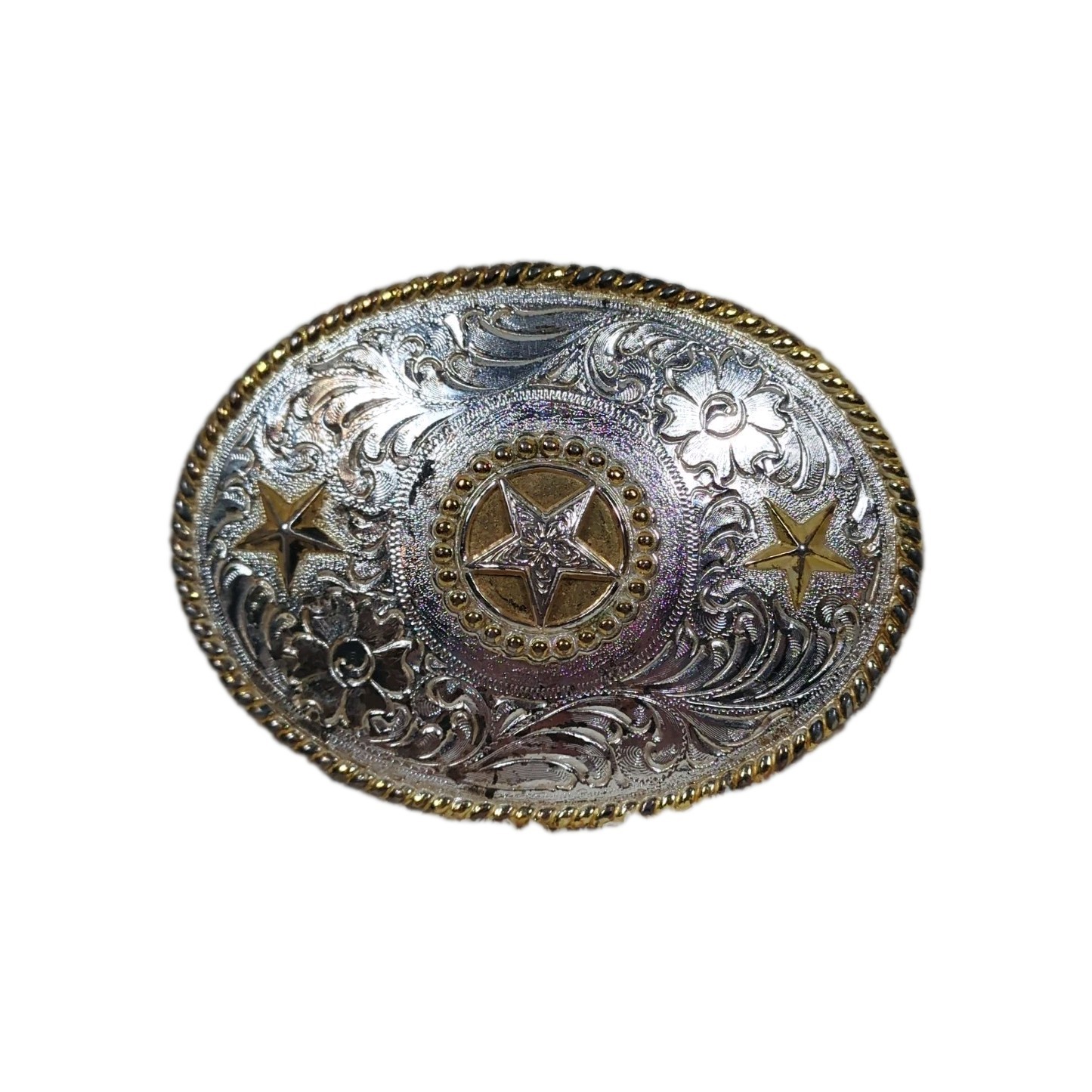 Nocona Belt Buckle Texas Star Oval Western Gold and Silver Tone