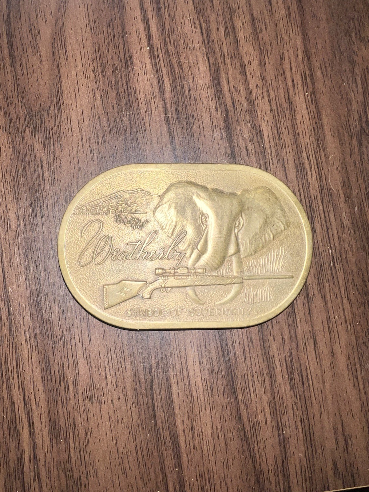 Weatherby Brass Belt Buckle Hunting Elephant Rifle ( symbol of superiority)