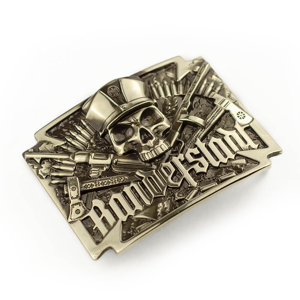 German silver belt buckle Banderstadt, Artistic sculptural fighting skull buckle