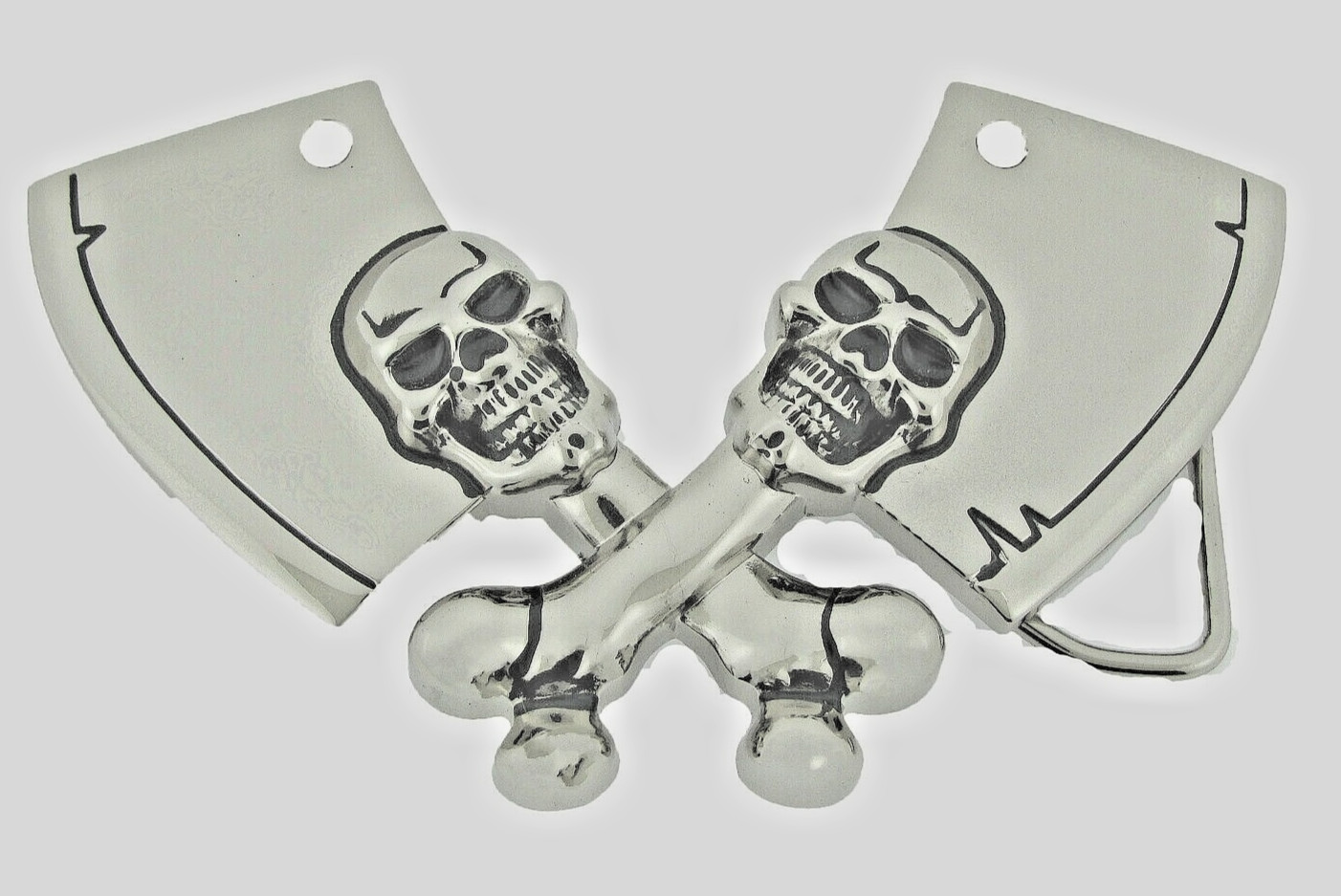 Skull Belt Buckle Rock Rebel Skeleton Vintage Hatchet Silver Metal Cleavers Axes