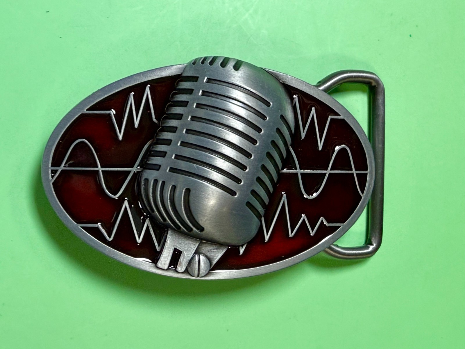 Retro Music Elvis Style Microphone Red Enameled Musician Ribbon Mic Belt Buckle