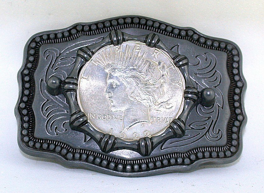 Pewter Silver Color Southwest Western REAL 1922 Peace Silver Dollar Belt Buckle