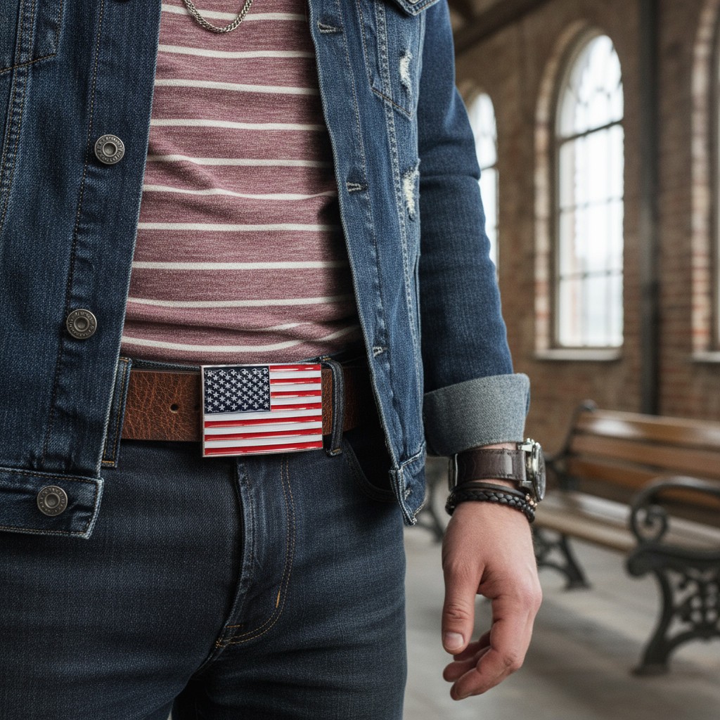 Men Women Belt Buckle Metal Silver United State America USA Flag Red White Blue
