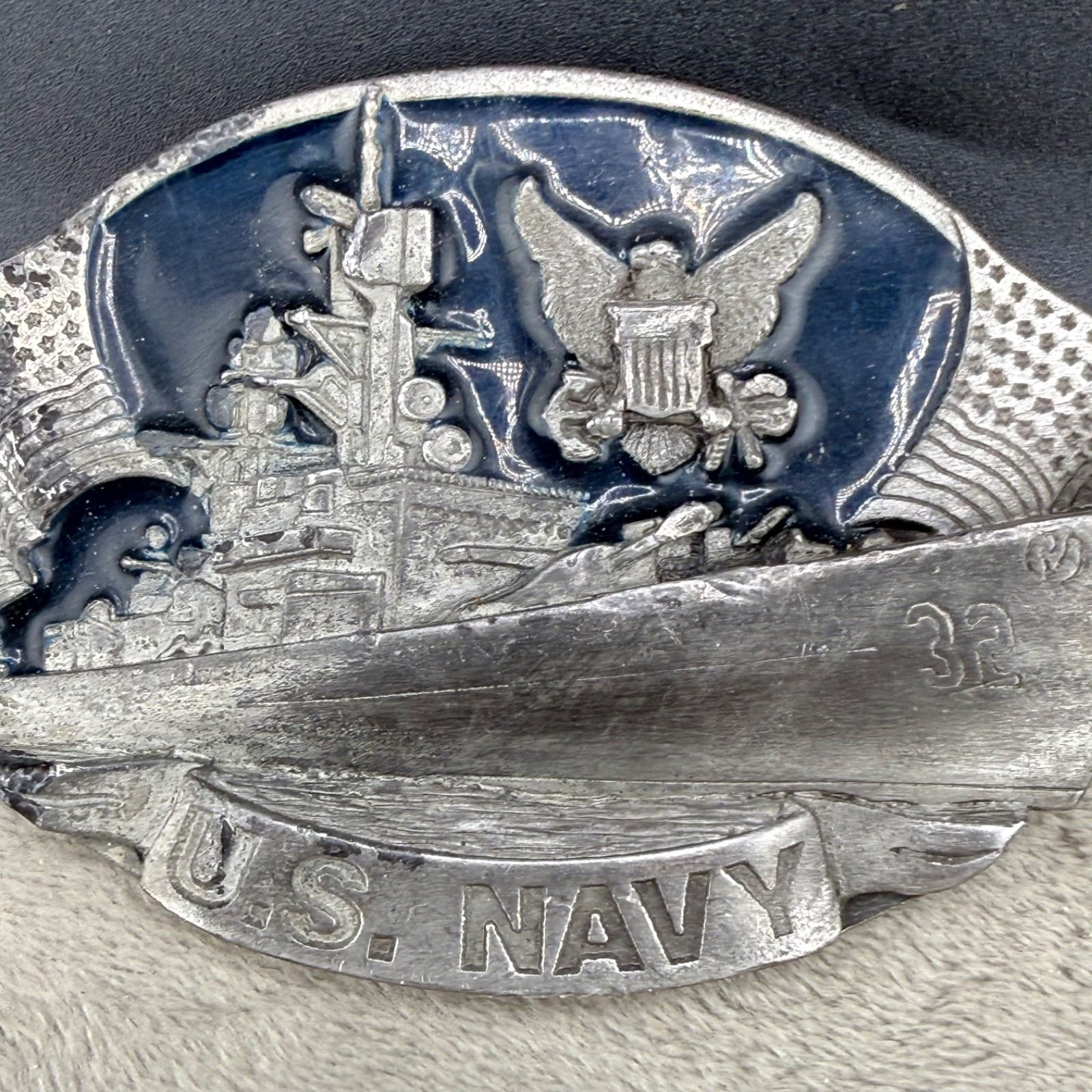 Vintage Bergomot Brass Works US Navy Belt Buckle Silver Tone Enamel