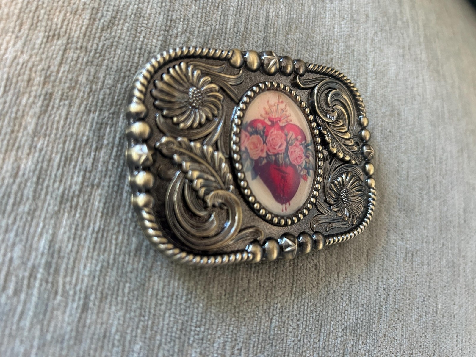 Heart and Roses Belt Buckle Valentines Western Mexican Sacred Sagrada Art