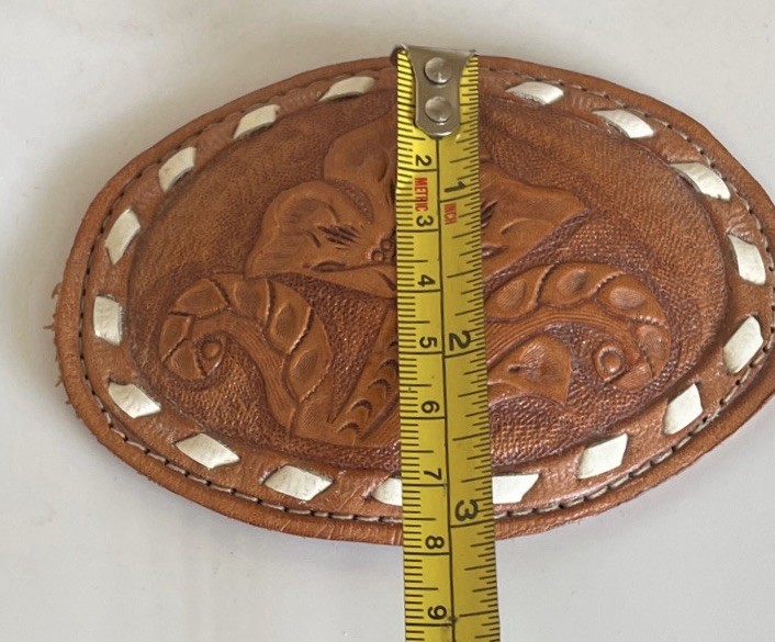 Oval Genuine Floral Leather Belt Buckle Multi-Colored Tan Brown White