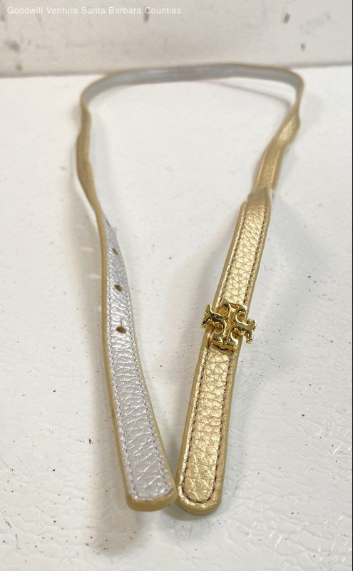 Tory Burch Reversible Logo Skinny Belt In Gold And Silver