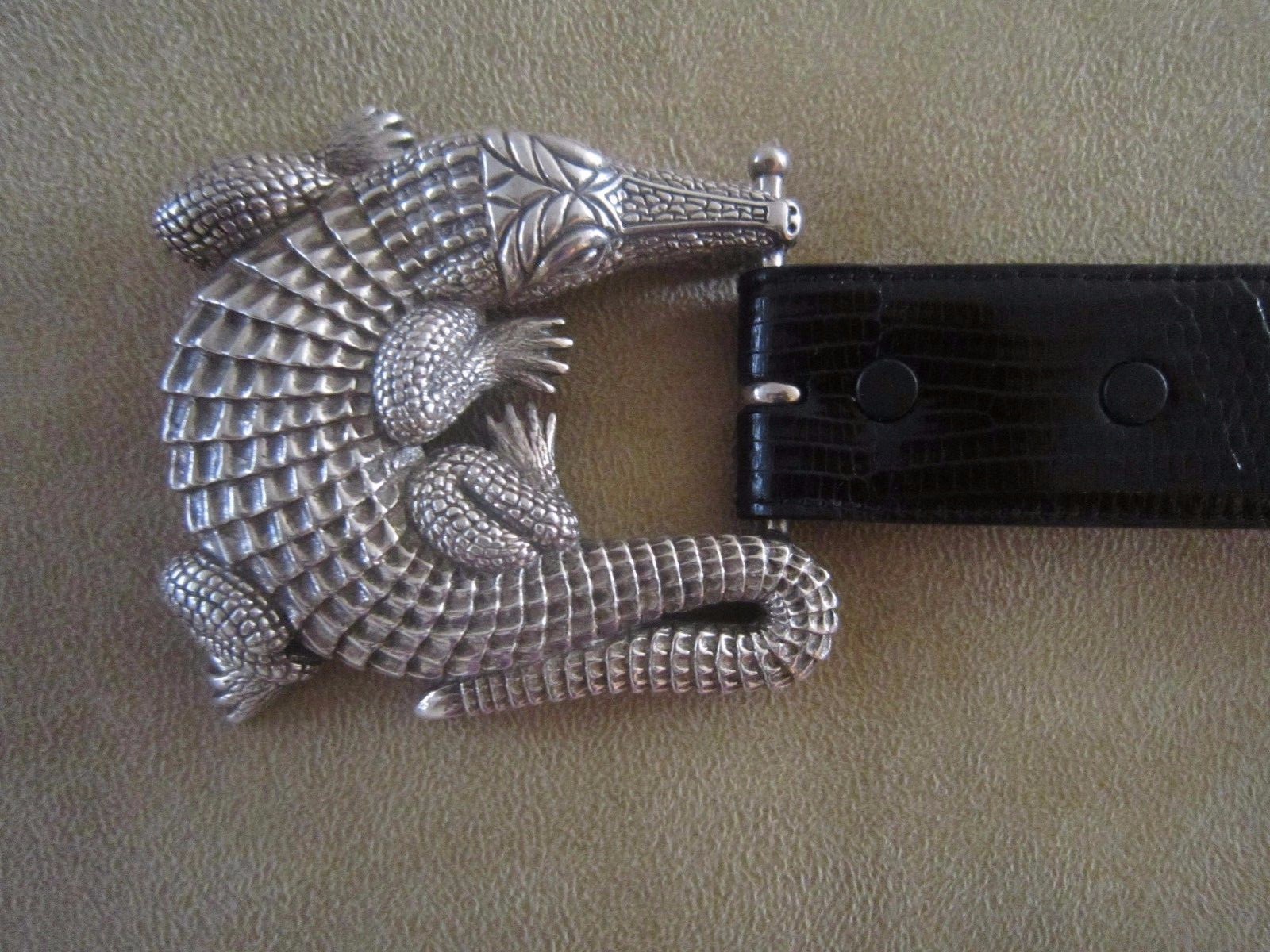 Huge Kieselstein-Cord Sterling Alligator Buckle and Black Lizard Belt Size 2