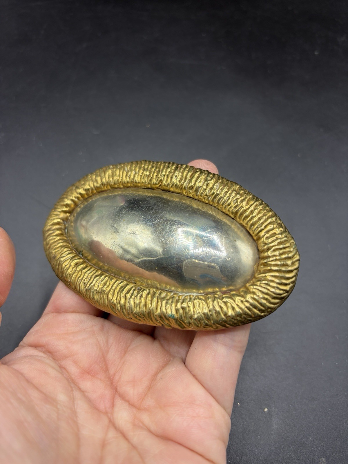 Vintage Two Tone Brass Silver Oval Belt Buckle Modernist Brutalist Western 4”L