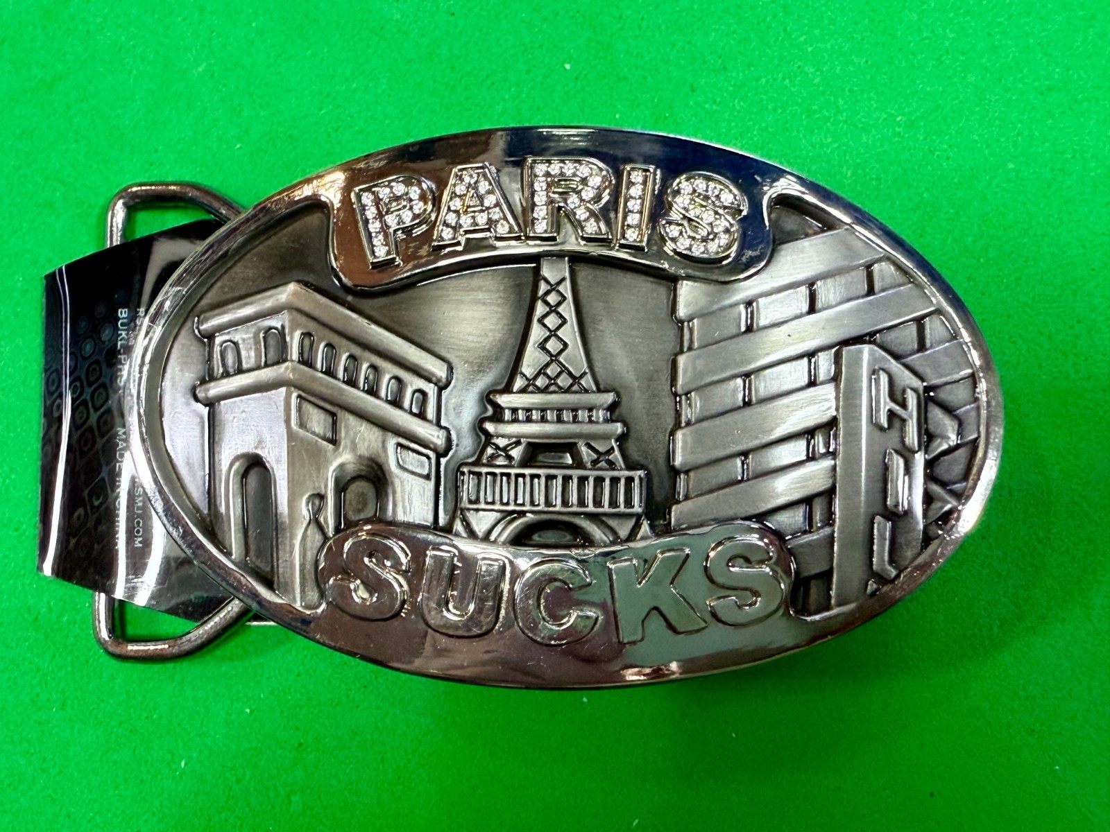 Paris Sucks! Blue Moon Creations Silver Tone Funny Tourist Gift Belt Buckle