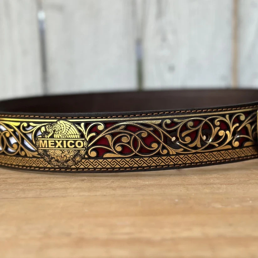 Genuine Laser Cut Leather Mexico Western Belt with Removable Buckle – Gold