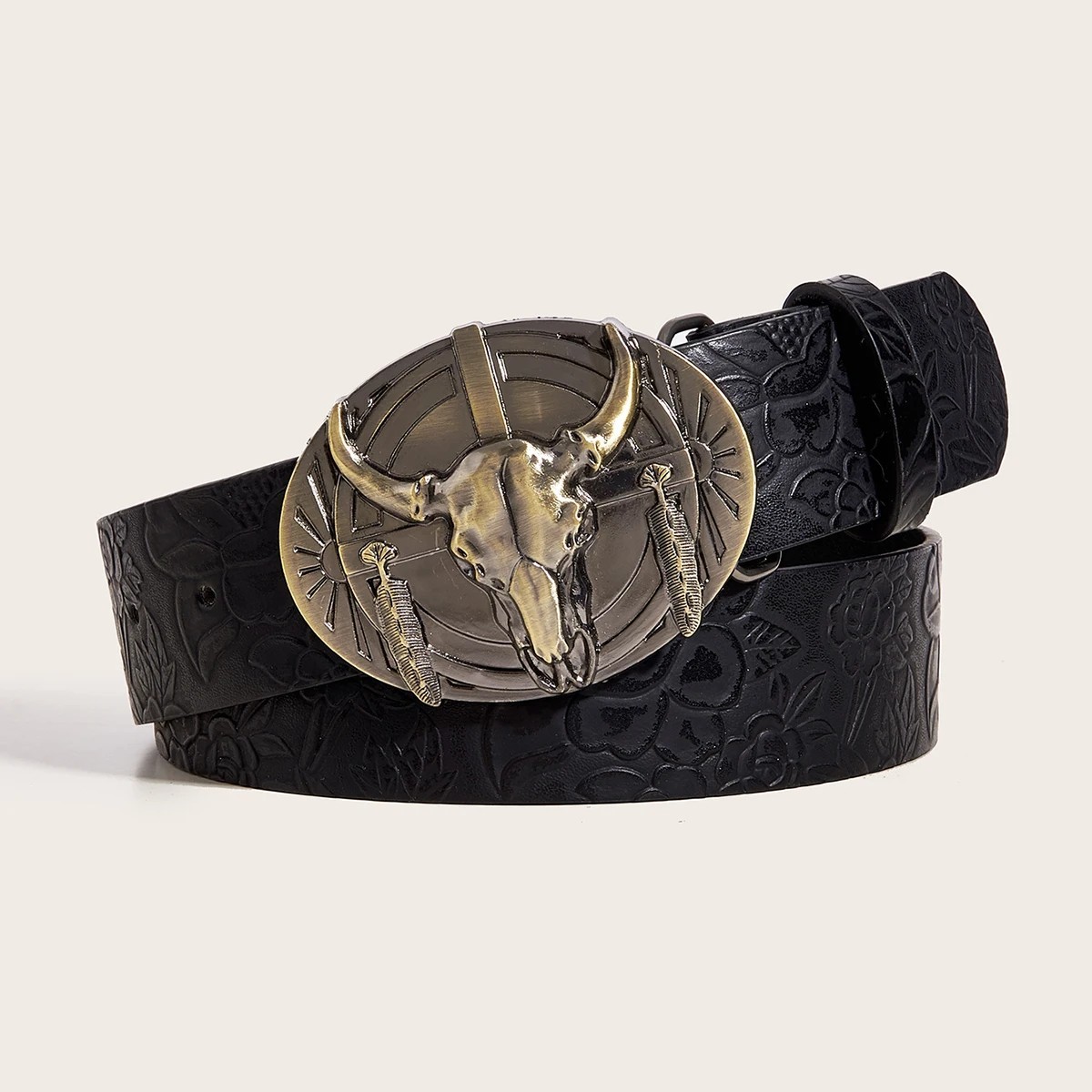 Western Cow Head Buckle Belt – Peony Pattern PU Leather Casual Belt/ COWBOY/