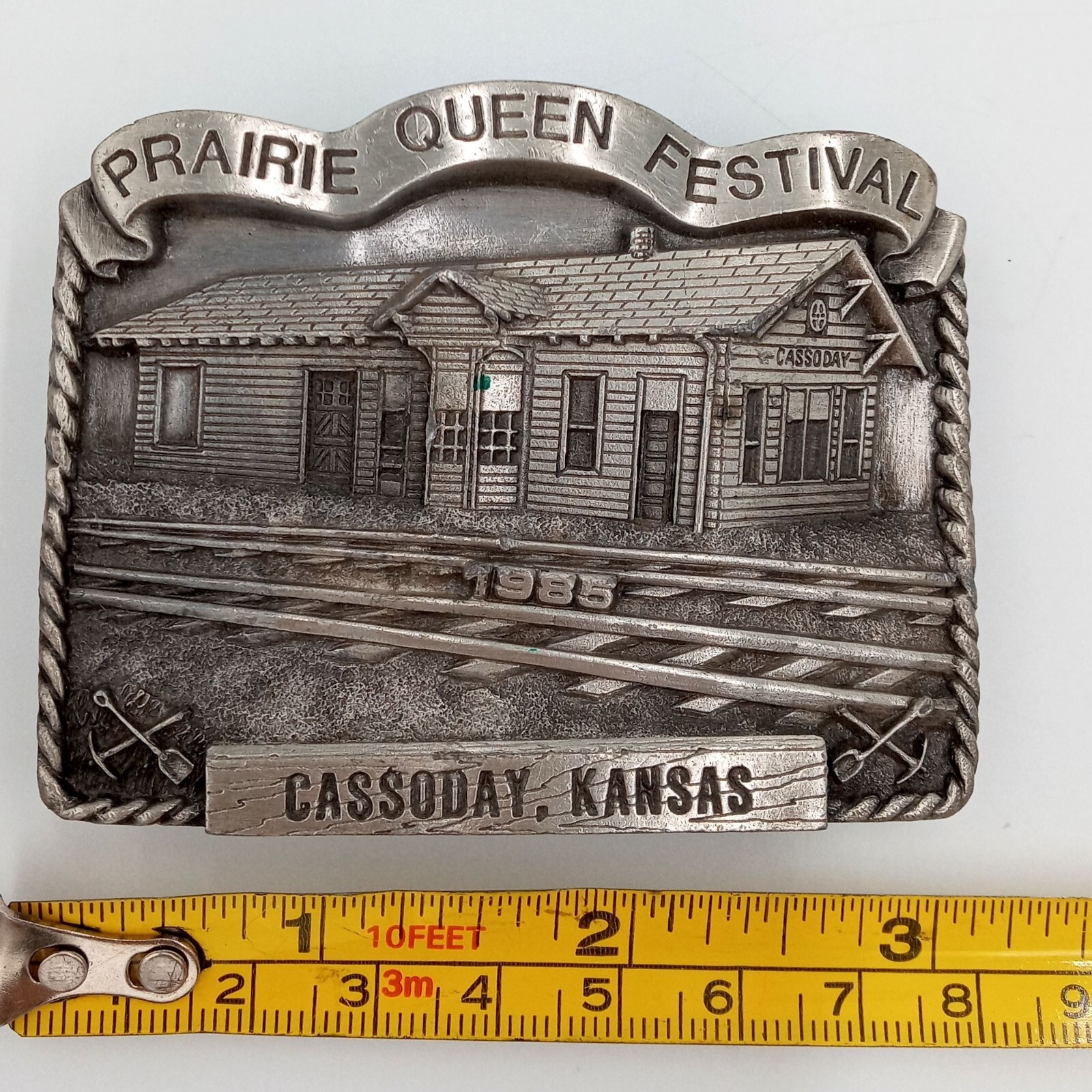ATSF Train Depot Belt Buckle Cassoday KS 1985 Prairie Queen Festival Vintage