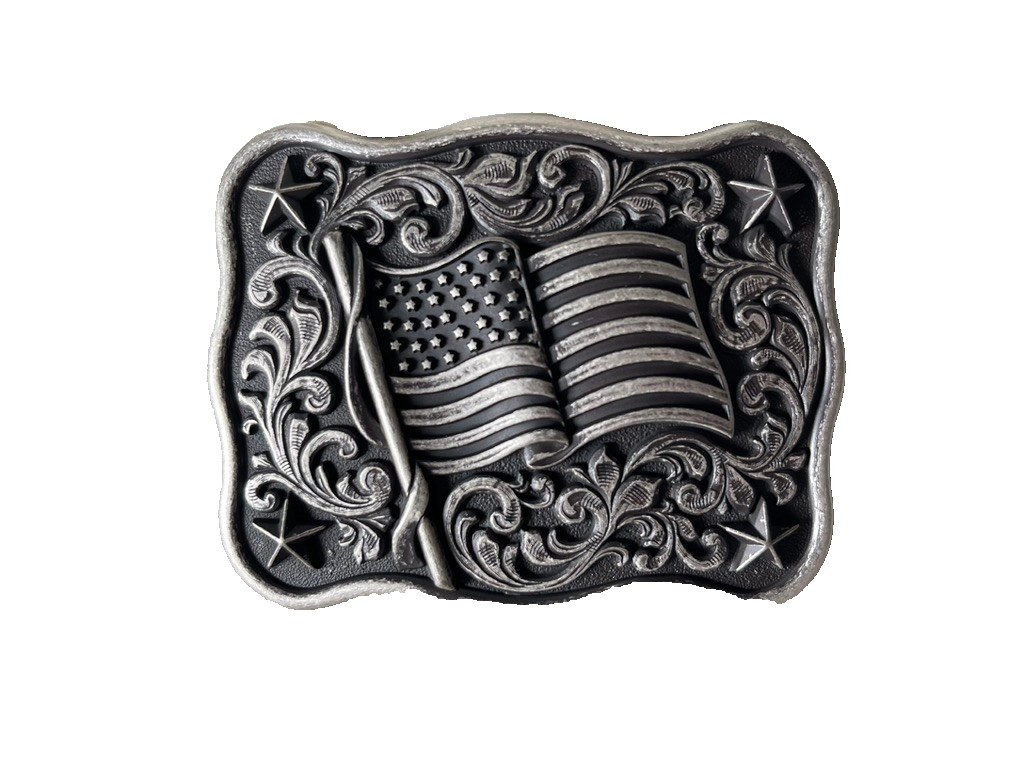 Nocona Mens Belt Buckle 3.75 x 3 in US Flag Star Western Matte Black Silver 1.5