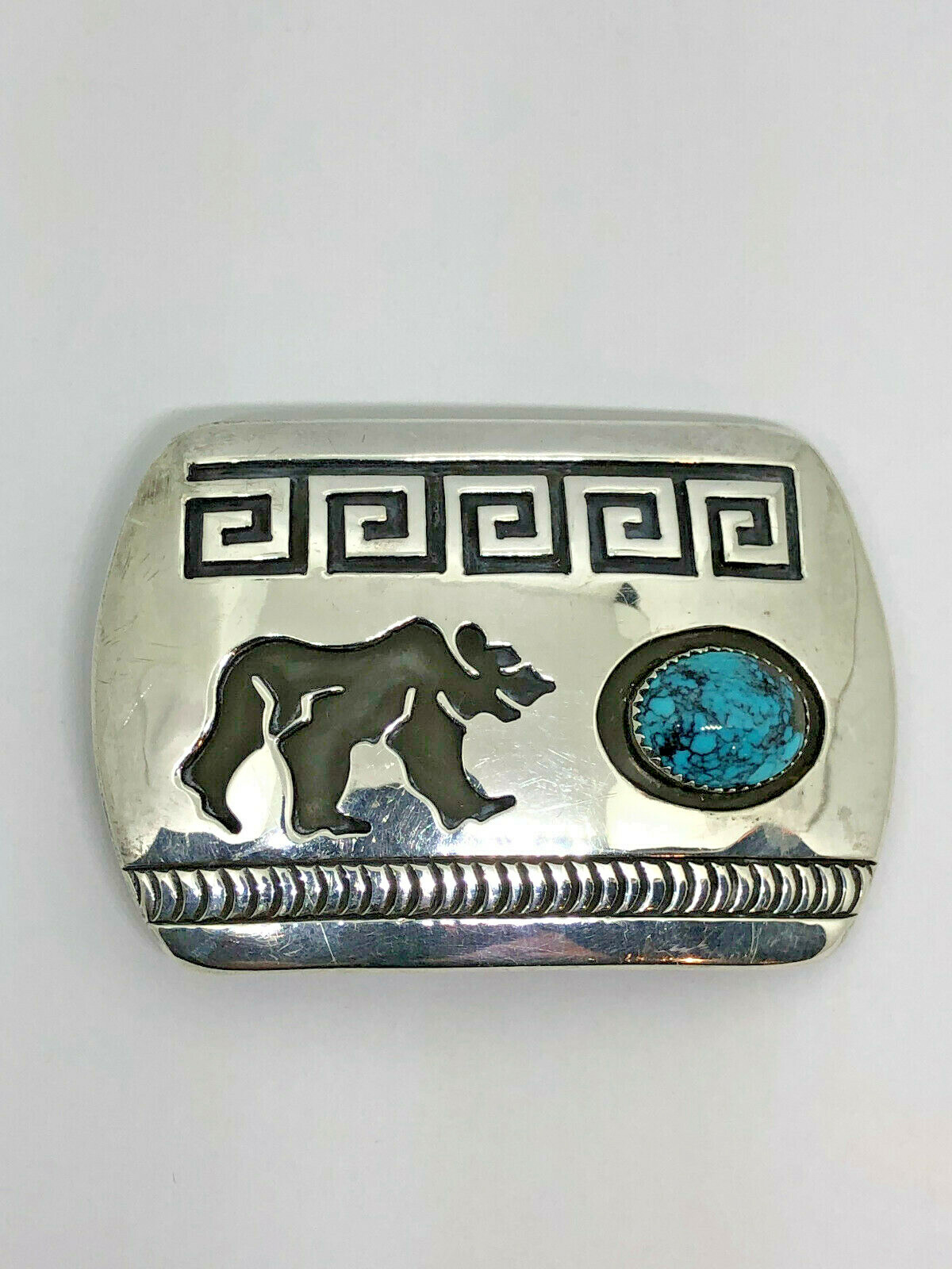 Navajo ~Rosco Scott ~Sterling Silver Overlay Turquoise Bear Belt Buckle – #419