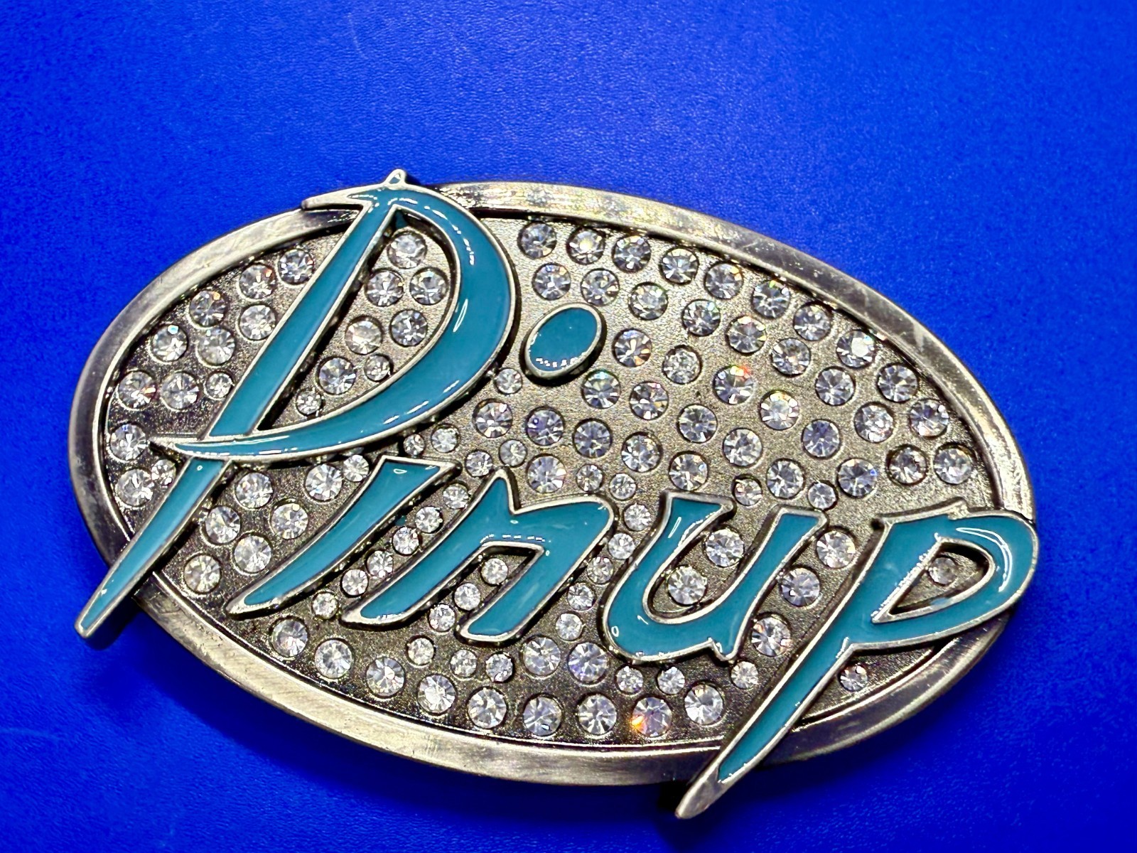 Pinup Girl – Blue Lettering Fashion Statement Novelty Jeweled Oval Belt Buckle