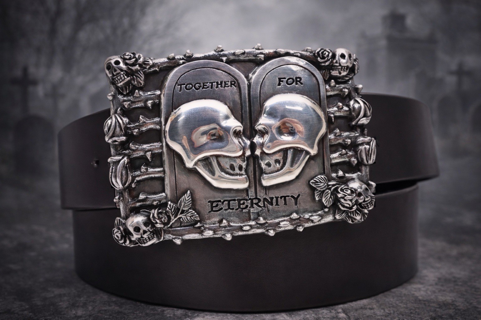 Gothic Skull Belt Buckle, Together for Eternity, Antique Silver Zamak